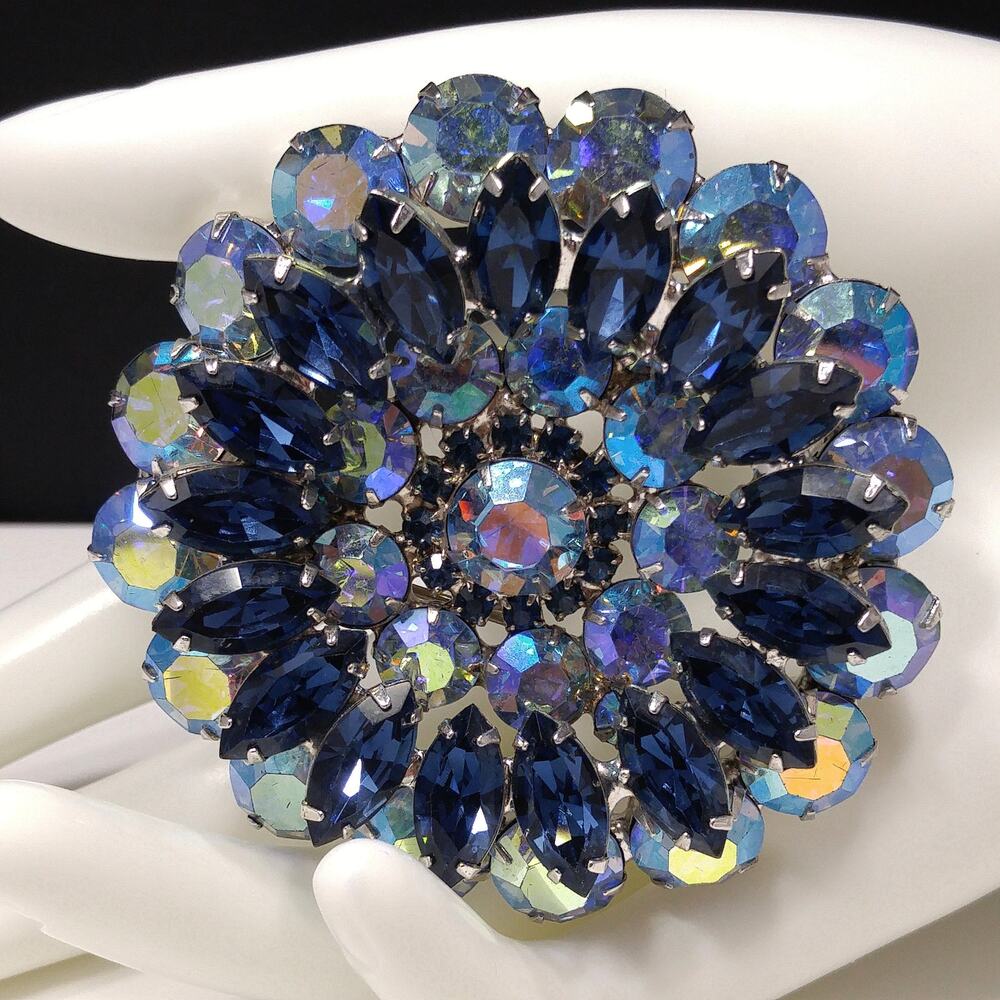 Vintage Blue Aurora Borealis Layered Rhinestone Brooch 1960s Floral Design